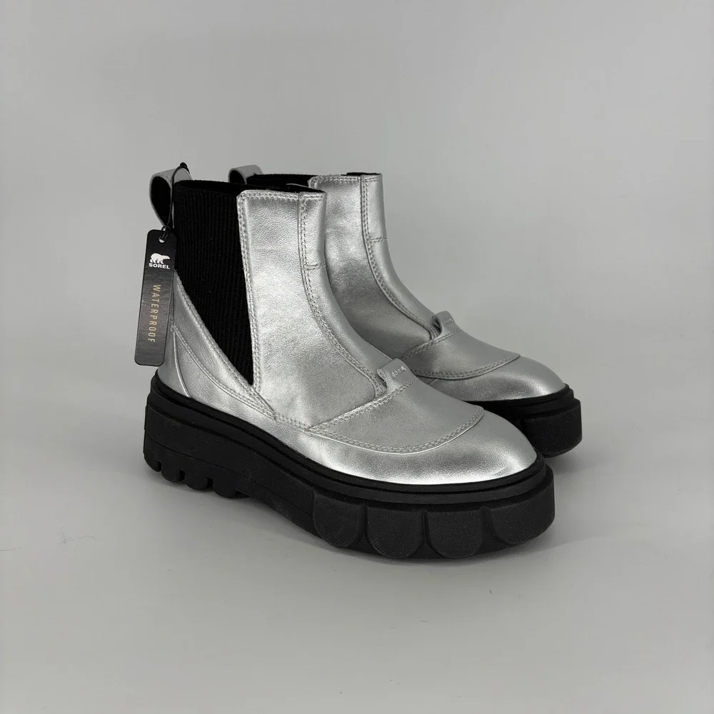 Sorel Caribou X Waterproof Chelsea Boots Silver/Black Women Size 8 Platform